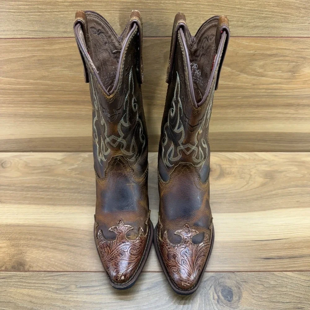 Tony Lama Vaquero Brown Western Boots Girls 12 Brown Tooled‎ Leather Rodeo Ranch